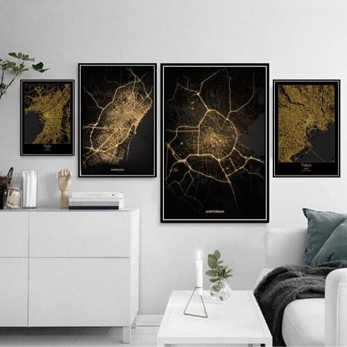 Poster Prints Amsterdam Tokyo Barcelona Modern World City Gold Map Tour Paintings Art Wall Pictures Home Decor schilderij obrazy