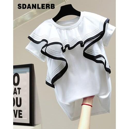 Casual All-Matching Stretch T-shirt Summer 2021 Korean Style Loose Slimming Top Ruffled Contrast Color Short Sleeve T Shirt Tee