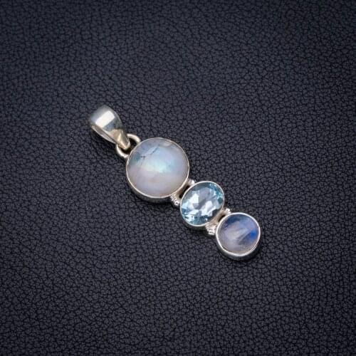 StarGems Natural Rainbow Moonstone Blue Topaz Handmade 925 Sterling Silver Pendant 1.75" E3863