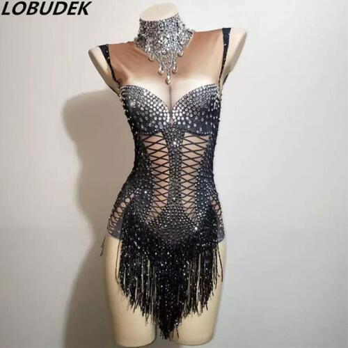 Sexy Elastic Sleeveless Rhinestones Black Fringe Bodysuit Nightclub Bar DJ Singer Pole Dancing Leotard Stage Wear Tassel Costume
