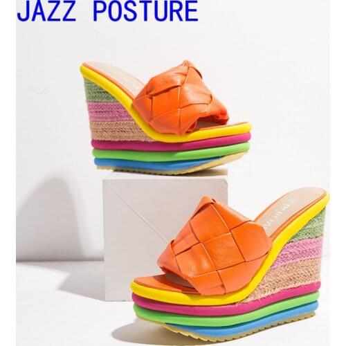 Sponge cake color matching straw woven wedge sandals summer new style super high heel fish head color large size womens shoes w