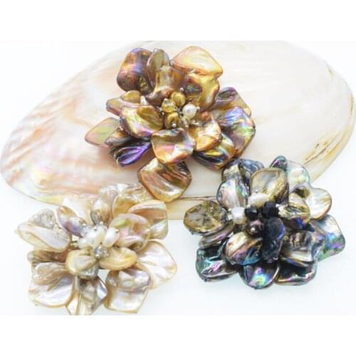 Wow! freshwater pearl and shell flower coffee/white/black baroque brooch 60mm nature wholesale FPPJ
