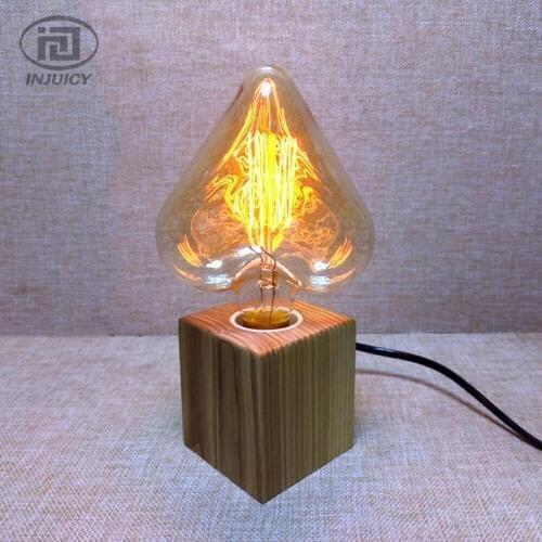 Vintage Style Industrial Real Wooden Table Lamp LED E27 Edison Bulb Desk Light Bedroom Study Office Cafe Bar Bedside