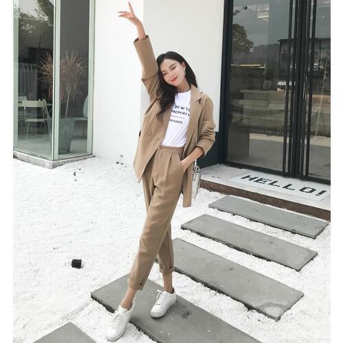 Womens Suits for Leisure Office 2019 high quality Suits Notched Collar Blazer Jacket & Pencil Pant Khaki Female Suit Autumn XL