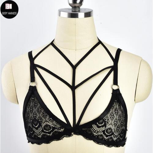 Women Black Lace Top Sexy Harness Lingerie Pole Dance Body Harness Cage Bra Goth Fetish Rave Bondage Harness