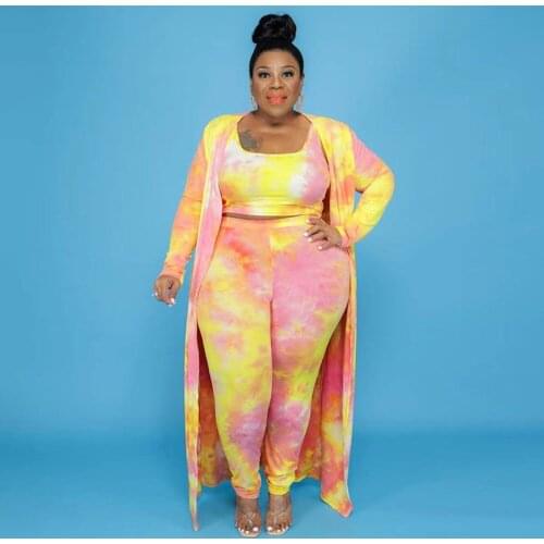 ZJFZML ZZ Women Clothing 3 Piece Set Large Size Tie Dye Print Tank Top+skinny Legging+full Sleeve Coat Dropshipping Wholesale
