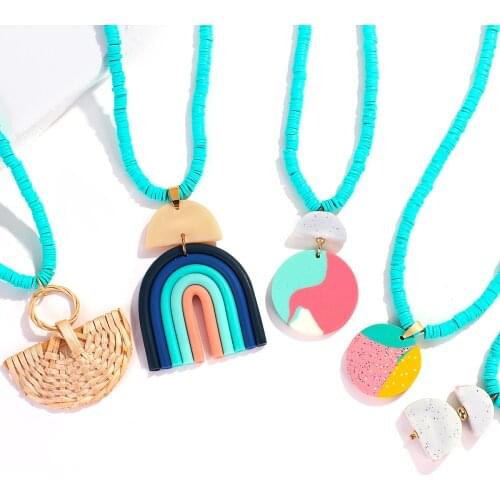 AENSOA Summer Blue Polymer Surfer Bead Clay Necklace For Women Girls 2021 Trendy Geometric Clay Disc Choker Necklaces Jewelry