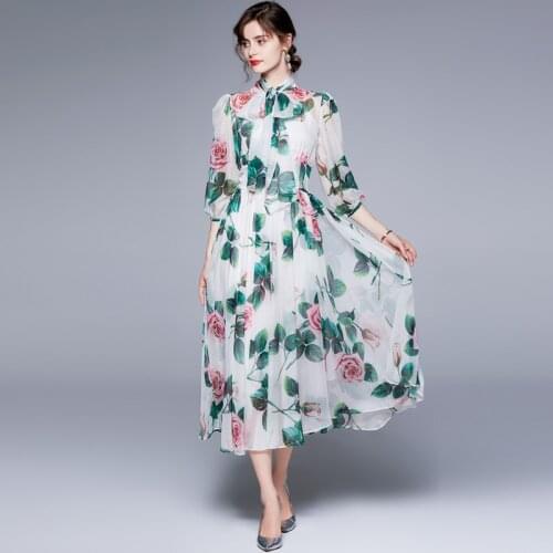 Runway 2021 Summer Boho Chiffon Dress Womens Sweet Bow Collar Lantern Sleeve Rose Floral Print Beach Holiday Pleated Midi Dress