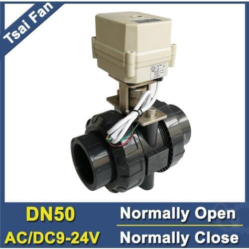 TF50-P2-C AC/DC9V-24V 2 / 5 Wires BSP/NPT 2'' PVC 2 Way DN50 Normally Open/Close Valve 10NM On/Off 15 Sec Metal Gear CE
