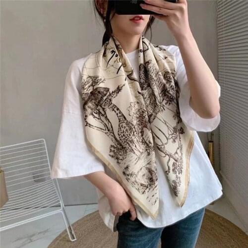 Peach-Yao 2021 Hot Designs Twill Scarf Women Large Shawls Stoles Tree Print Square Scarves Foulards Femme Wrap Bandana 90x90CM