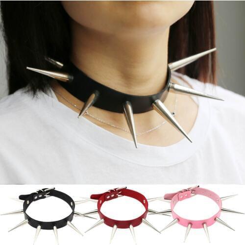 Punk Big Silver Color Spiked Rivets Rock Gothic Chokers Leather Black Spike Rivet Stud Collar Choker Necklace Statement Jewelry