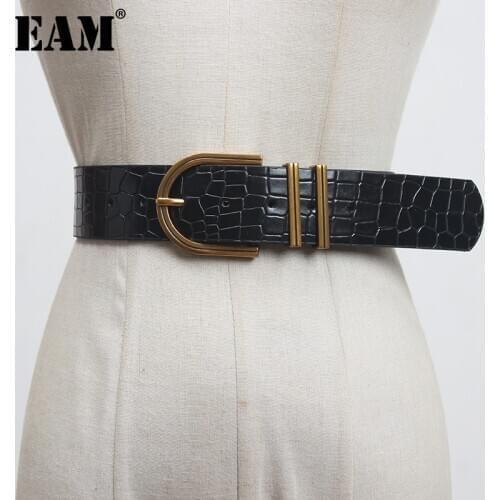 [EAM] Pu Leather Black Buckle Split Joint Long Wide Belt Personality Women New Fashion Tide All-match Spring 2021 1DC099