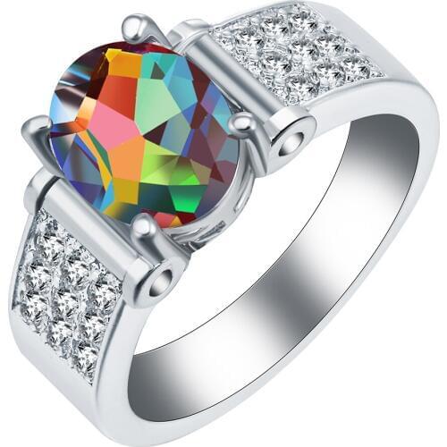 Hainon Hot New Fashion Oval Cut Fire Mystic Rainbow White Blue Pink Purple Cubic Zirconia Silver Color Ring Size 7-9 Lovers