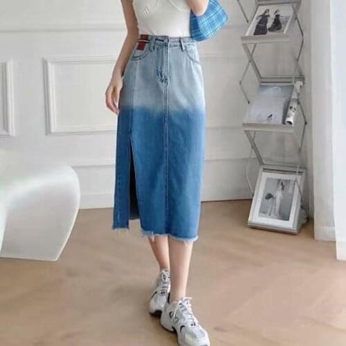 Hong Kong-style Personality Gradient Medium Long Split Denim Skirt 2021 Summer Dress New Slim High Waist A Skirt DLBSQ146