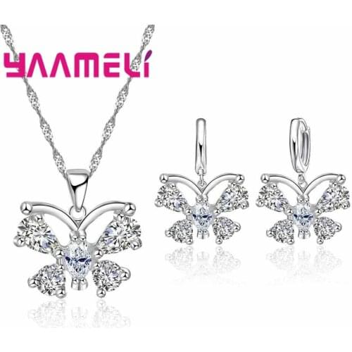 New Trendy Butterfly 925 Sterling Silver Jewelry Sets With Clear CZ Drop Earrings Pendant Necklace Women Jewellery Set