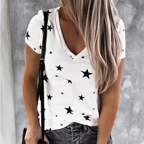 Women Fashion Printed Stars T Shirt Ladies Sexy V- Neck T Shirt Female Casual Slim Tops New Women Tops For Female