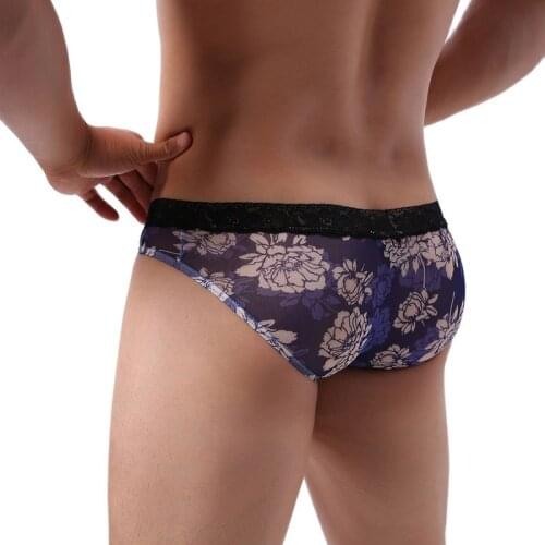 Mens Underwear Sexy Briefs Mesh Panties Roses Underpants Lace Waist Transparent Exotic Bulge Pouch Bikini Lingerie