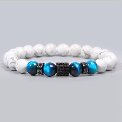 Mens Natural white Howlite Turquoises tiger eye stone beads Bracelet for homme femme Friendship jewelry energy bracelets men
