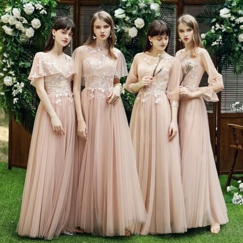 Bridesmaids Dresses Illusion Spaghetti Straps V-Neck Embroidery A-Line Luxury Lace Tulle Elegant Women Wedding Party Gown E149