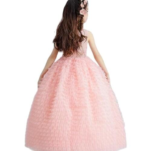 Luxury Pink Tulle Flower Girl Dress Kids Wedding Dress Ankle Length Appliques Bead Kids Party Prom Dress First Communion Dresses
