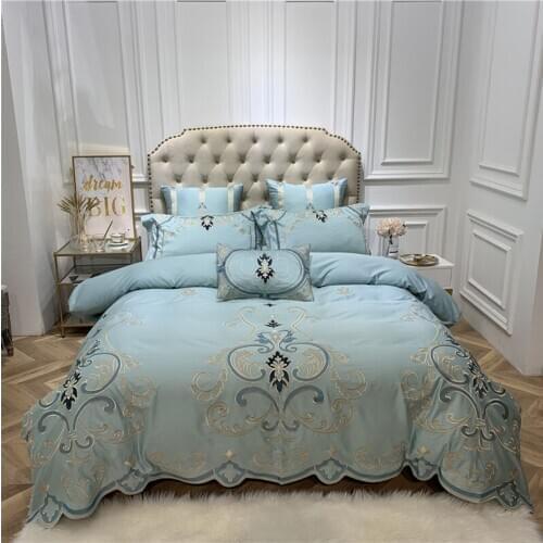 Luxury blue Embroidered 100S Egyptian cotton Royal Bedding sets Queen King Princess Duvet Bed sheet set Pillowcases 4/6pcs