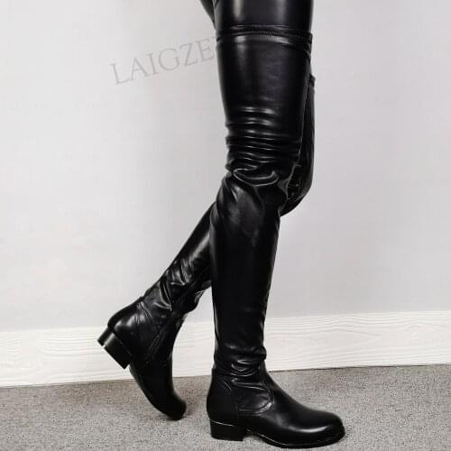 SEIIHEM FASHION Women Over Knee Boots Round Toe Low Heels Zip Up Female Botas Mujer Shoes Woman Donne Stivali Big Size 42 50 52