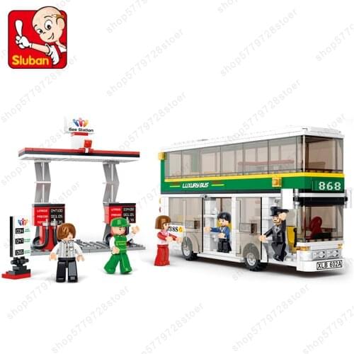SLuban Bouble Decker Bus And Gas Educational Toy Childrens Assembled Car Model Building Block Minifigures Toy Gift For Children