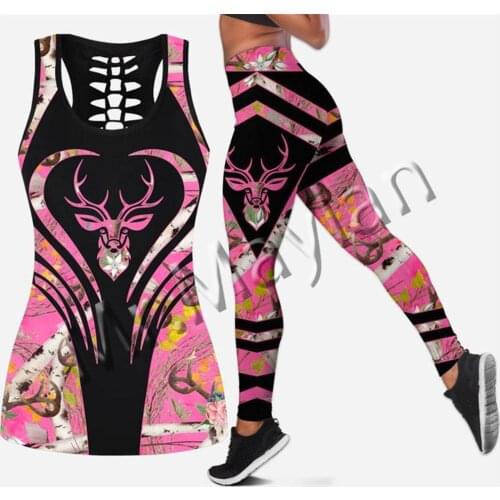 3D Printing Pink Deer Hunting Animal Hollow Tanktop and Leggings Two Piece For Women Hipster Fashion Sexy Vest Female Clothes