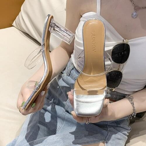 Summer High Heels Women Shoes Fashion Transparent Heels Sexy Hollow Breathable Slippers Square Toe Female Clear Heels Slides