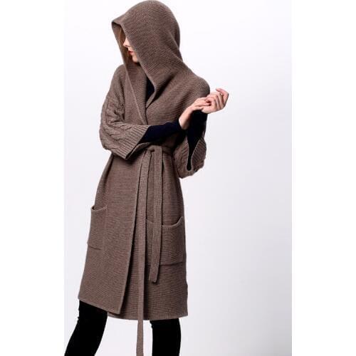 Top grade cashmere wool blends thick knit women boutique hooded sashes long cardigan sweater coat 7th sleeve M/110-L/114