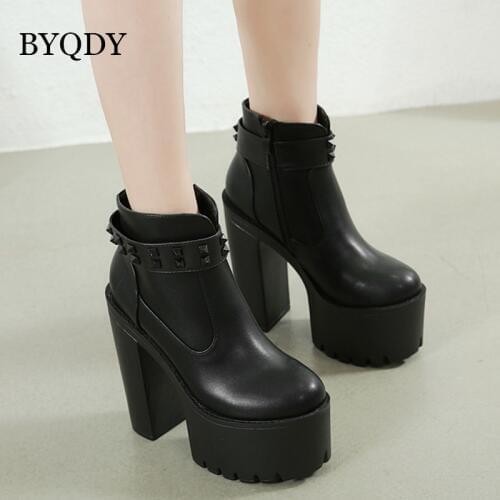 BYQDY Punk Chunky Heel Woman Short Boots Sexy Zipper Woman Shoes Booties Ladies Clogs Platform Rivets Round Toe Ankle Booties