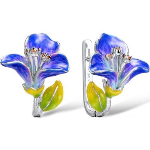New Arrival Blooming Flower Wedding Silver Drop Earrings for Women Blue Morning Glory Enamel Temperament Bridal Party Earrings