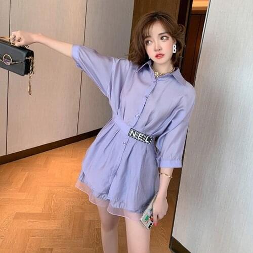 Awarose Summer Turndown Collar Thin Shirt + High Waist Loose Short Pant Fashion Solid Color Korean 2 Piece Set Women Clothes