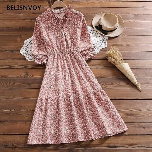 Japanese Mori Girl Spring Autumn Women Long Dress Ruffled Collar Pink Floral Printed Vestidos Longo Elegant Corduroy Sweet Dress