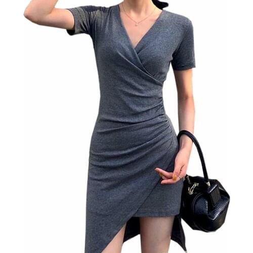 Bodycon Dress Women 2019 Summer Short Sleeve Irregular V Neck Stretchy Sexy Ladies Vestidos Elbise Robe Femme Woman Dresses