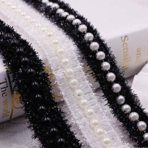 1Yards/Lot White Black Nylon Pearl Beaded Lace Ribbon Trim African Lace Fabric Embroidered Handmade Costume Dress Skirt Sewing