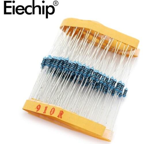 100pcs/lot 1/4W 1% Metal film resistor 910 0.25W resistance 910 ohm Throught Hole