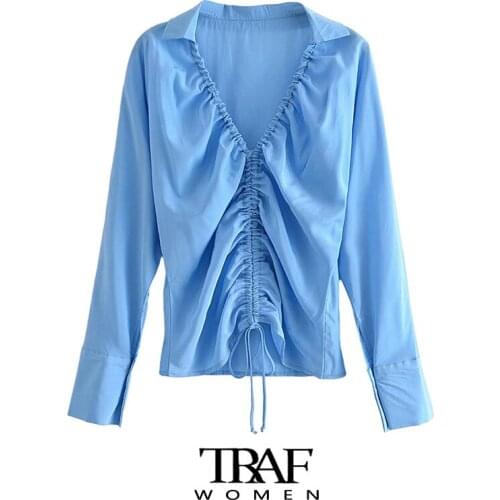 TRAF Za Women Fashion With Drawstring Pleats Fitted Blouses Vintage V Neck Long Sleeve Female Shirts Chic Tops