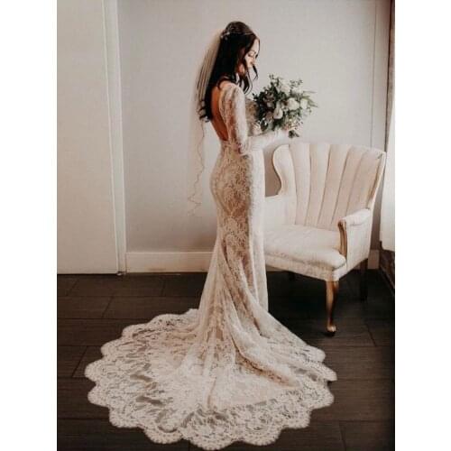 #10156 Sweep Train V Neck Long Sleeve Bohemian Backless Lace Sheath Bridal Gown Simple plus size Mermaid Wedding Dress