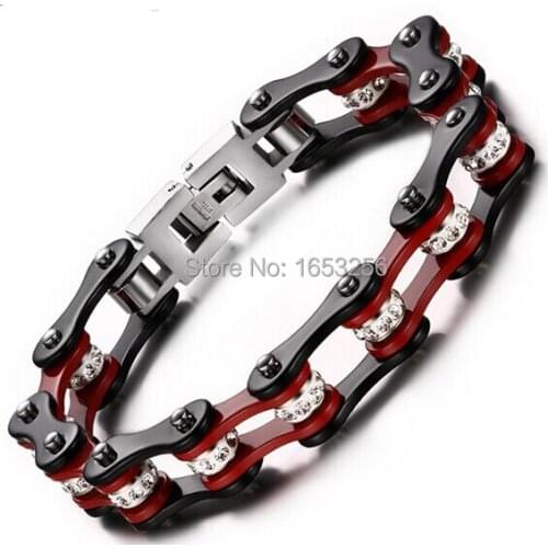 8'' Hip-Hop Women Men Motorcycle chain Bracelet Stainless Steel & Drill CZ Red Black Tone Bicycle Link Chain Hot sale