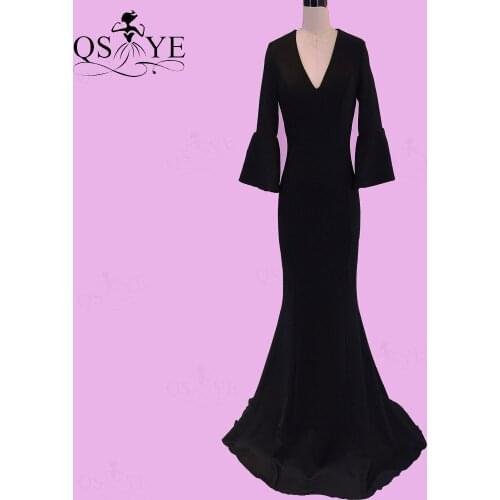 Black Mermaid Evening Dresses Elastic Flare Long Sleeves Prom Gown Deep V Neck Formal Party Gown Decent Plain Vintage Gown