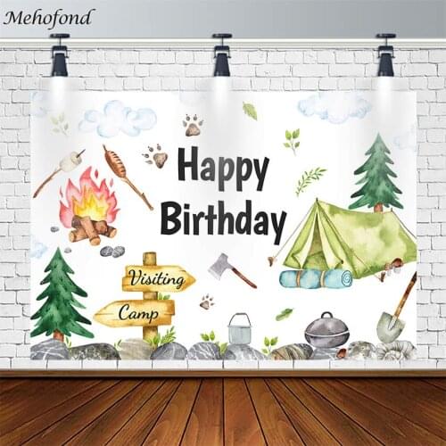 Camping Backdrops Happy Birthday Party Boy Barbecue Flame Hunting Paw Photography Background Photo Studio Photophone Decor Props