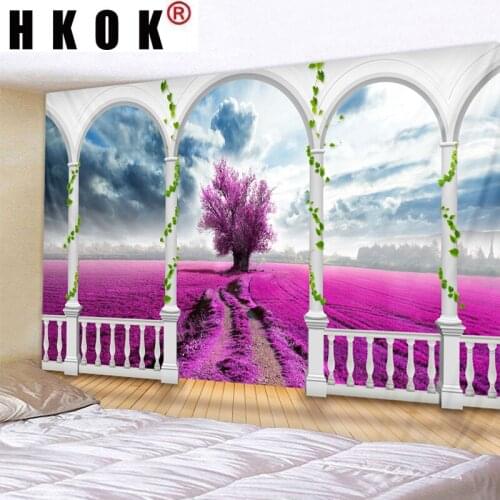 HKOK Red Green Meadow Flower Landscape Tapestry Wall Hanging Wall Covering Rugs Background Cloth Beach Mat Blanket Art Decor