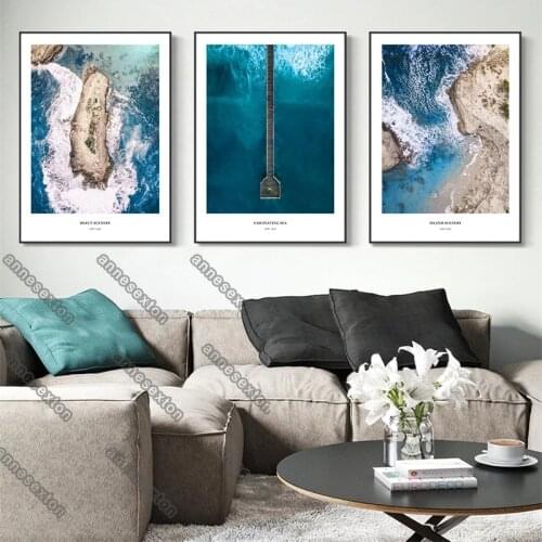 Nordic Style Canvas Island Scenery Blue Sea and Waves Beach Painting Poster and Print for Living Room Bedroom Wall Decoration