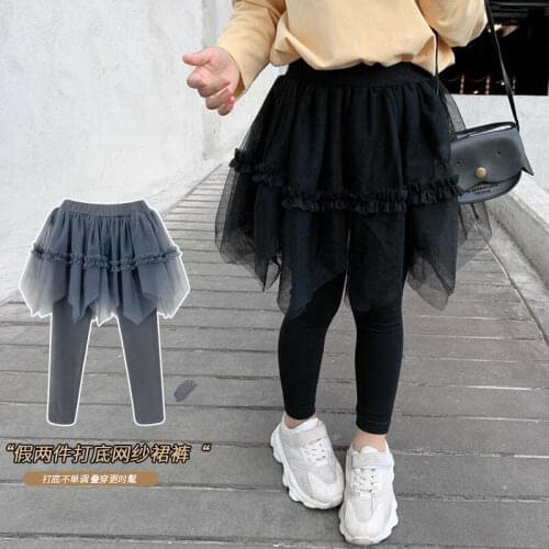 Girls culottes fake two pieces of spring and autumn Korean mesh yarn baby children black leggings thin P4434