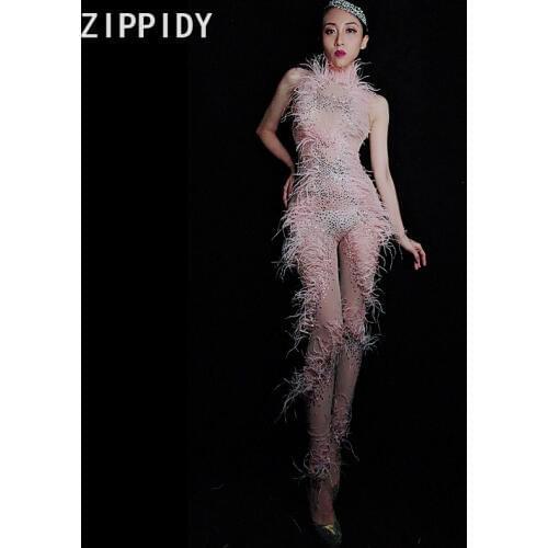 Fashion Multicolor Rhinestones Feather Mesh See Through Jumpsuit Birthday Celebrate Outfit Women Singer Dancer Leggings Outfit