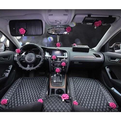 Camellia flowers series ladies car interior accessories set handbrake gear shift cover headrest pillow car steering wheel cover