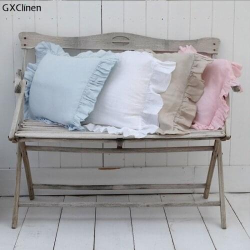 Nature LINEN Ruffled Pillow Sham Solid Square Couch Cushion Covers Sofa Pillow Covers Decorative Pillowcase with Falbala 2pcs