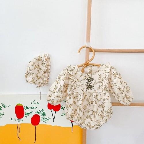 Koodykids Autumn Baby Girls Vintage Floral Bodysuits Toddlers Girls Cotton Rompers Hat Quality Baby Girls Outfits Rompers Spring