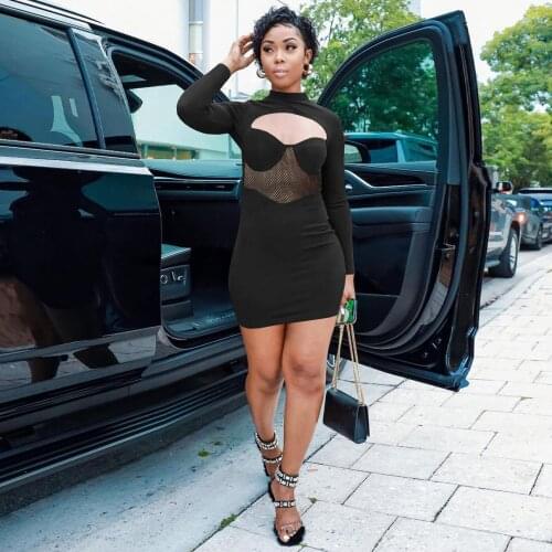 RMSFE 2021 Ladies Fashion Autumn and Winter Sexy Office Work Splicing Long Sleeve High Neck Evening Dress Solid Color Dress